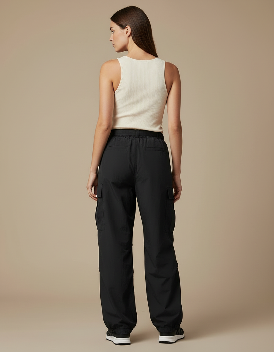 Pantalon Cargo Noir Fluide Ample Nylon Femme - Polyester - vue 2