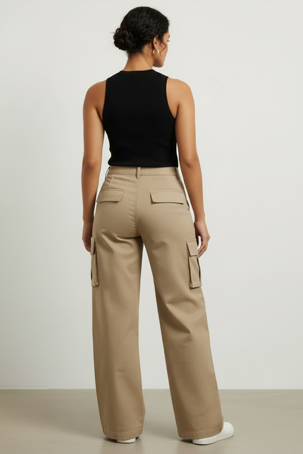 Pantalon Cargo Kaki Ample Multipoches Style Urbain Femme - Gabardine - vue 2