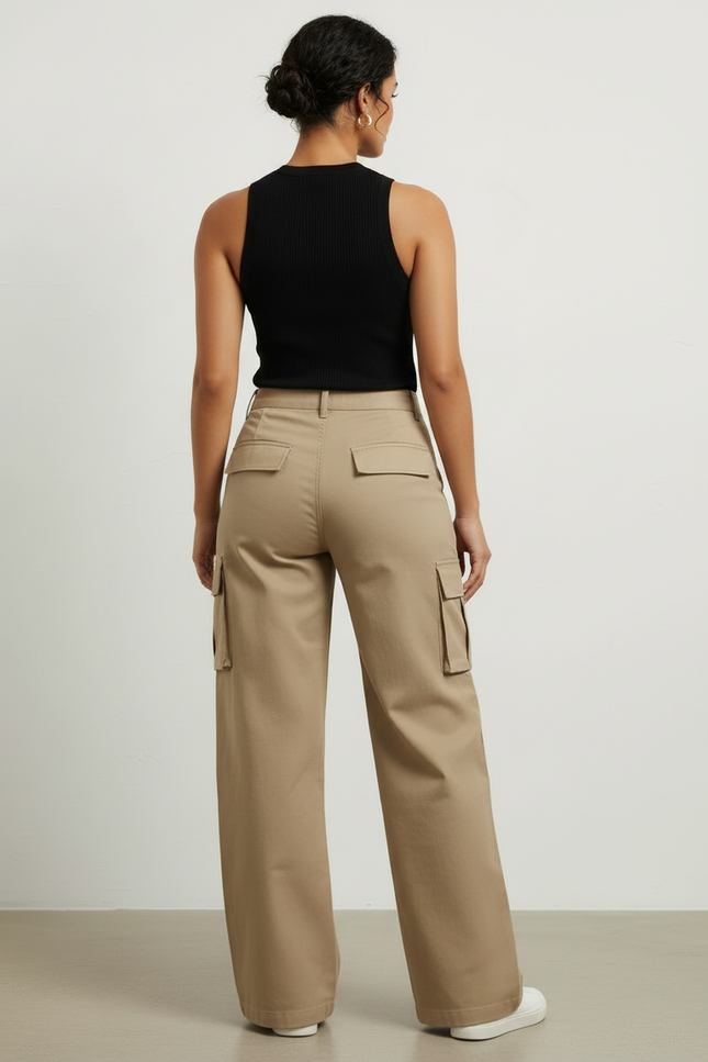 Pantalon Cargo Kaki Ample Multipoches Style Urbain Femme - Gabardine - vue 2