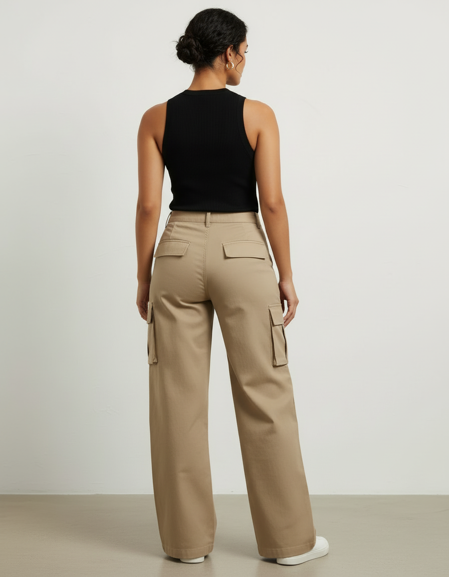 Pantalon Cargo Kaki Ample Multipoches Style Urbain Femme - Gabardine - vue 2