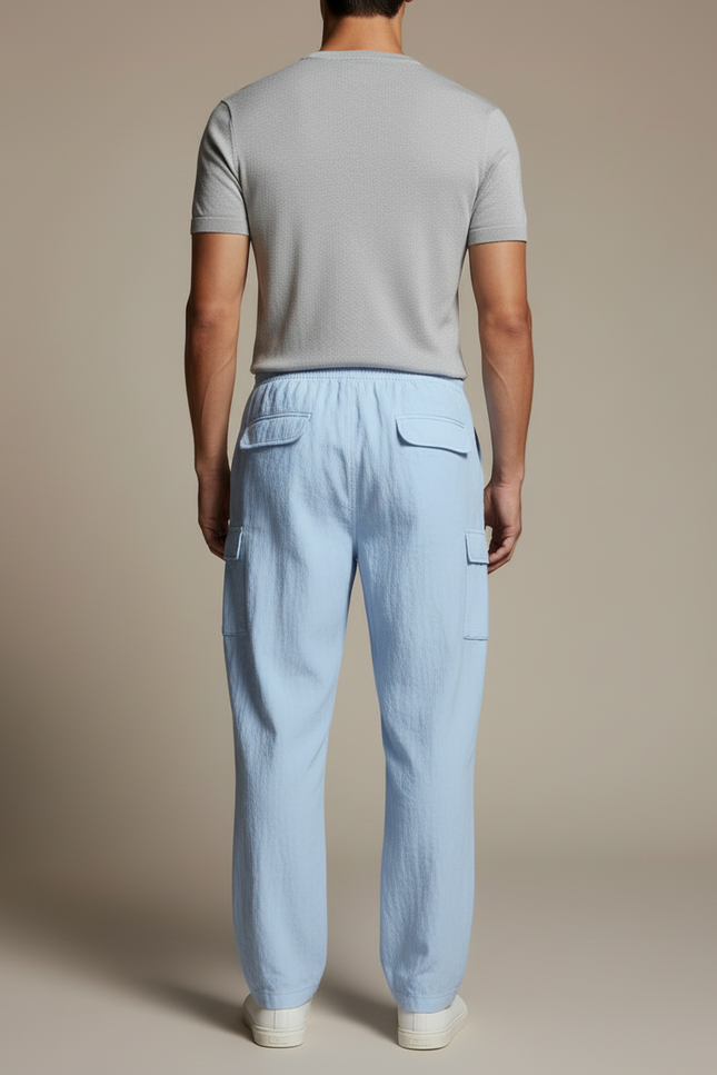 Pantalon Cargo Bleu Clair Léger Décontracté À Cordon - Lin - vue 2