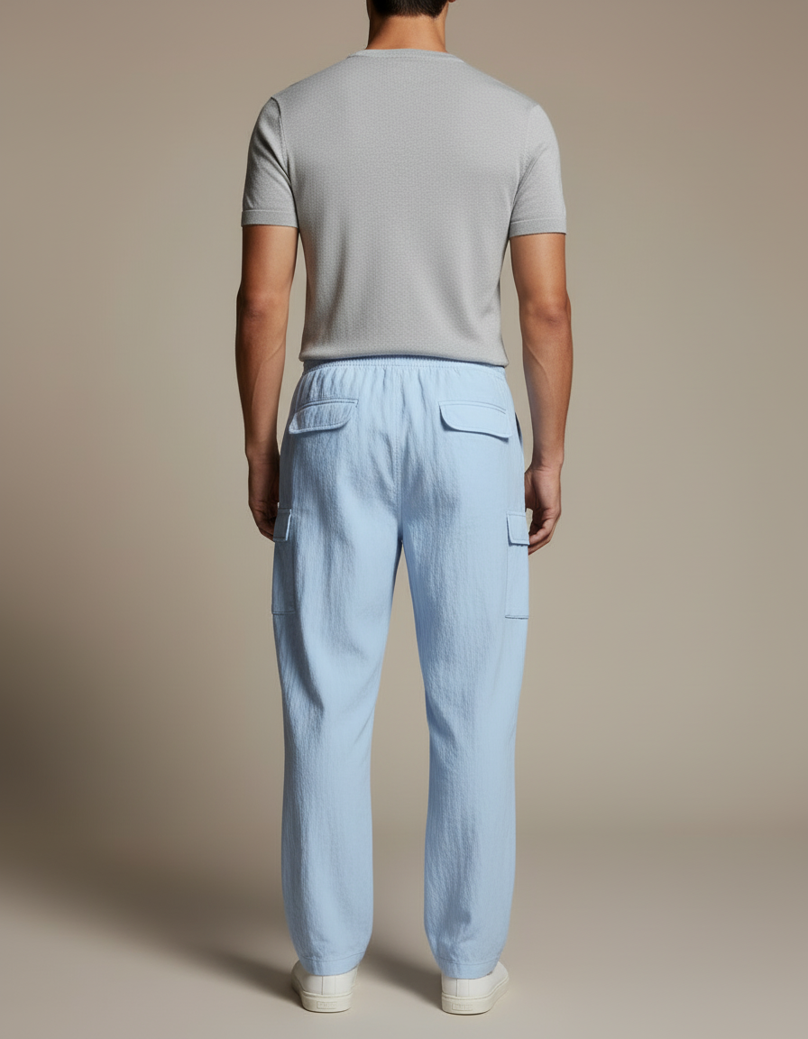 Pantalon Cargo Bleu Clair Léger Décontracté À Cordon - Lin - vue 2