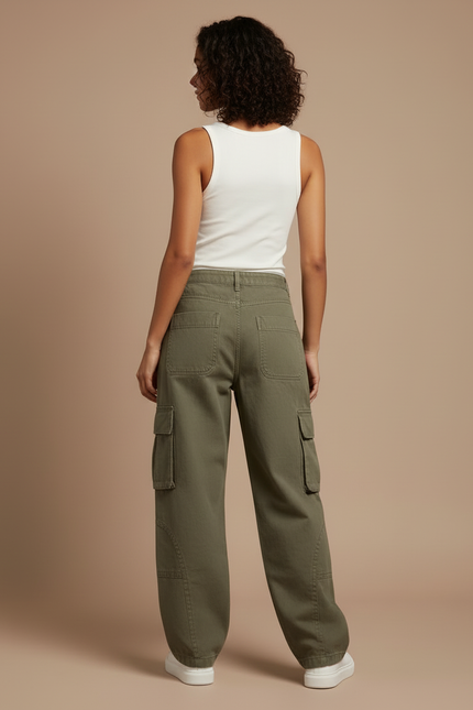 Pantalon Cargo Vert Ample Femme Denim Vintage - Kaki Jean - vue 2