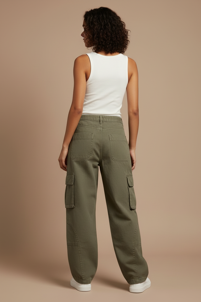 Pantalon Cargo Vert Ample Femme Denim Vintage - Kaki Jean - vue 2