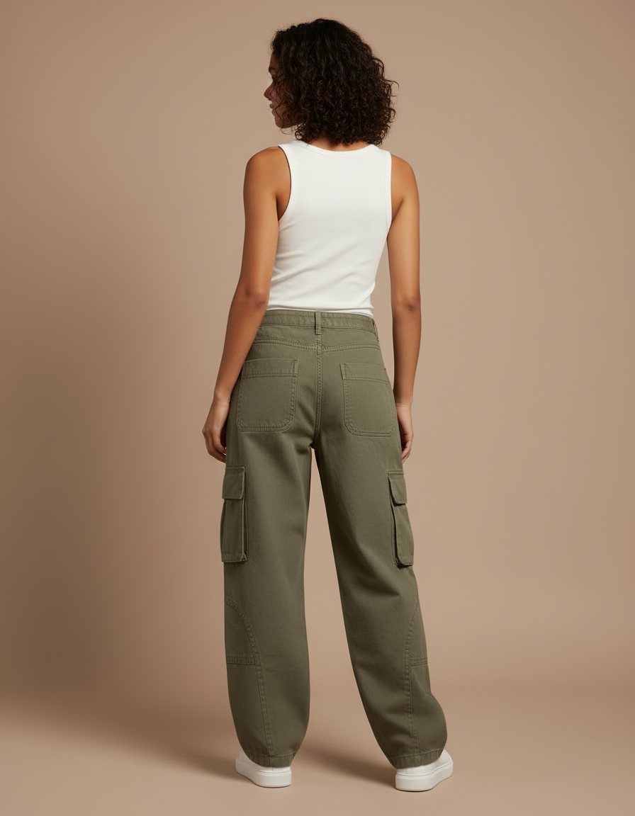 Pantalon Cargo Vert Ample Femme Denim Vintage - Kaki Jean - vue 2
