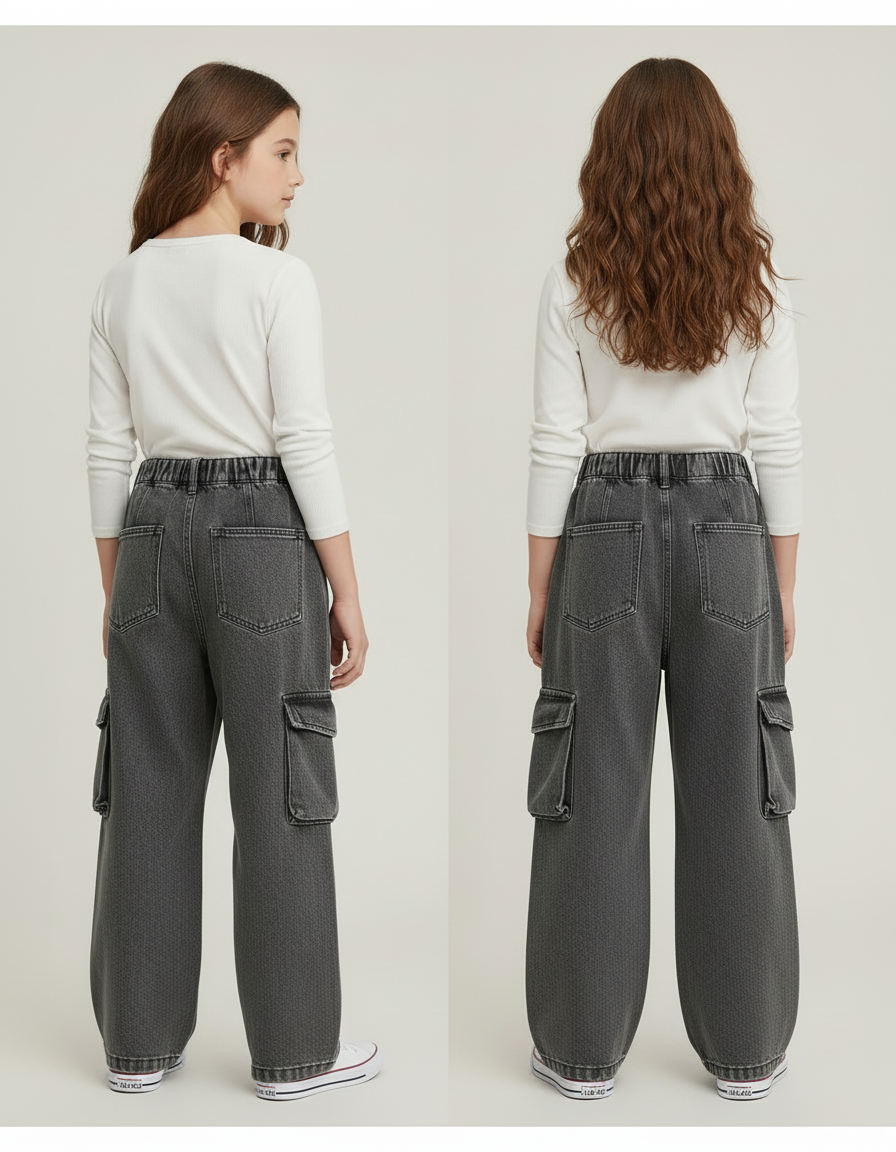 Pantalon Cargo Ample Gris Denim Multipoches Enfant - Jean - vue 2