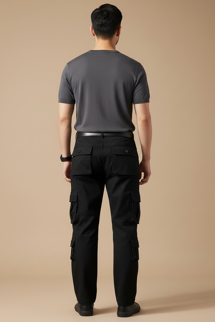 Pantalon Cargo Noir Multipoches Coton Homme Tactique - vue 2
