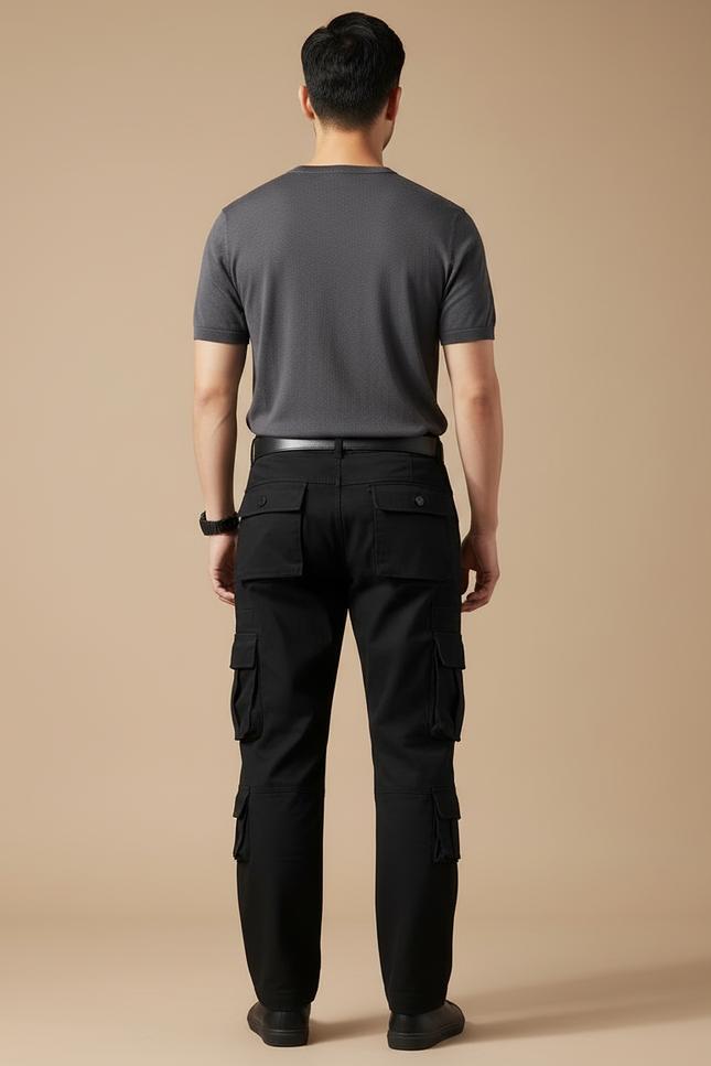 Pantalon Cargo Noir Multipoches Coton Homme Tactique - vue 2