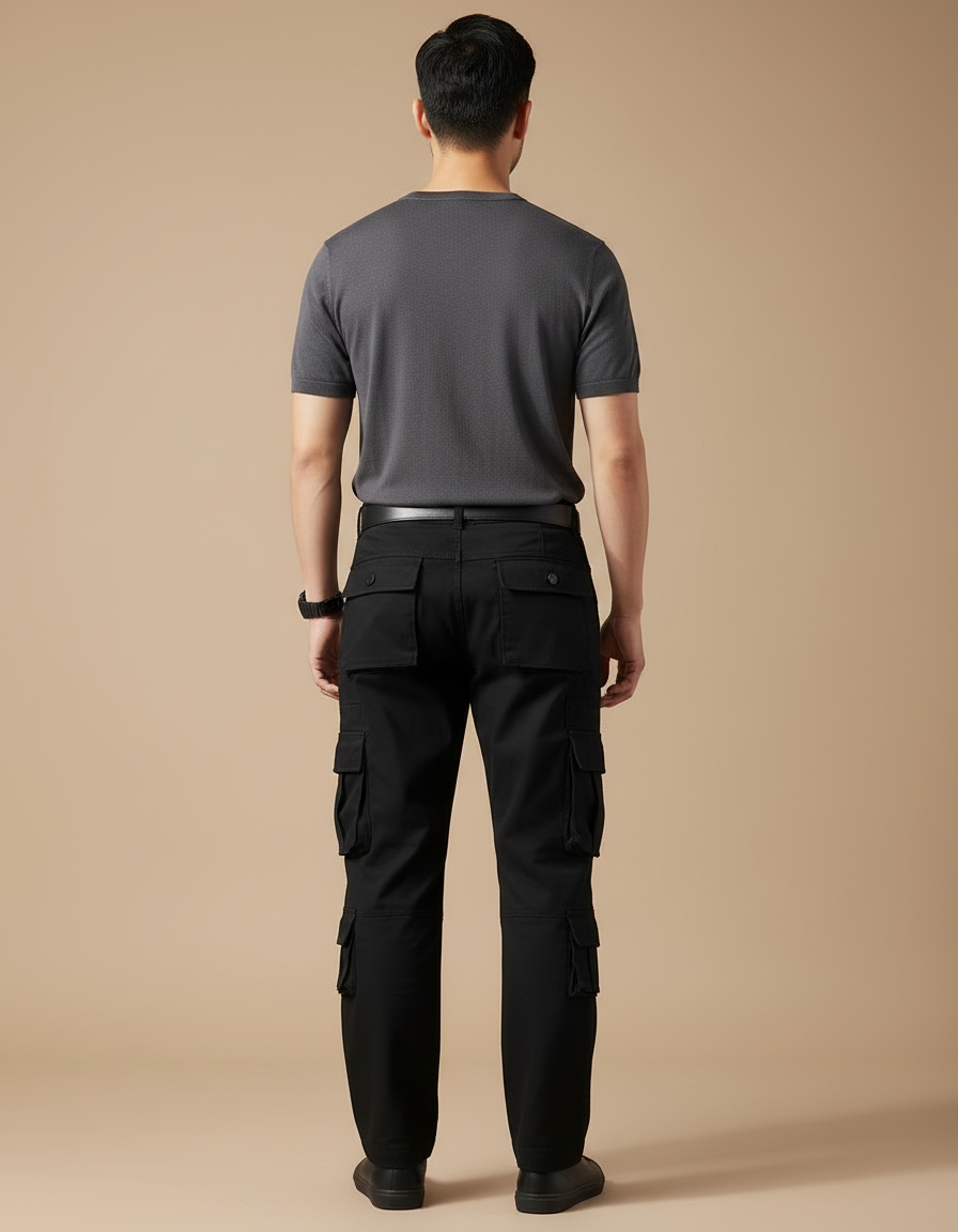 Pantalon Cargo Noir Multipoches Coton Homme Tactique - vue 2
