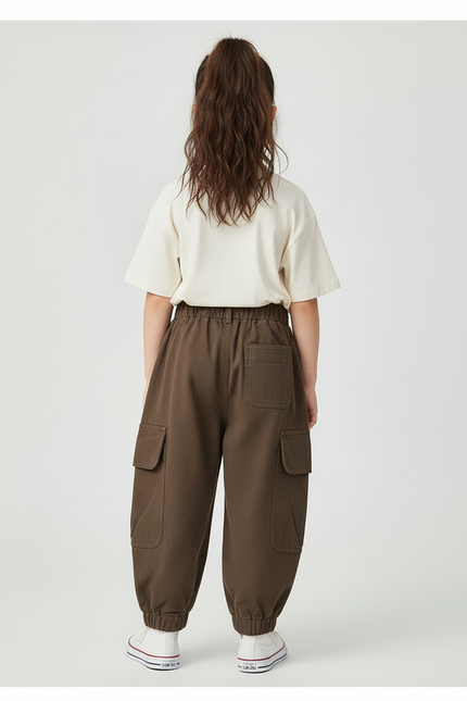Pantalon Cargo Marron Ample Coton Enfant - Gabardine - vue 2