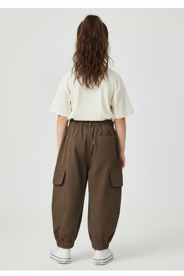 Pantalon Cargo Marron Ample Coton Enfant - Gabardine - vue 2