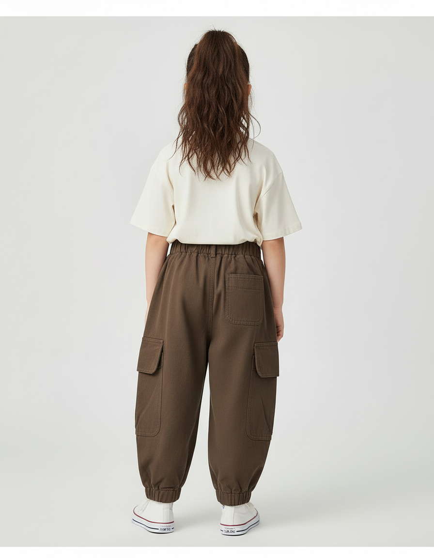 Pantalon Cargo Marron Ample Coton Enfant - Gabardine - vue 2