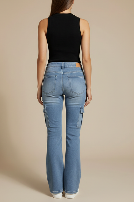 Pantalon Cargo Femme Denim Bleu Multi-Poches Évasé - Jean - vue 2
