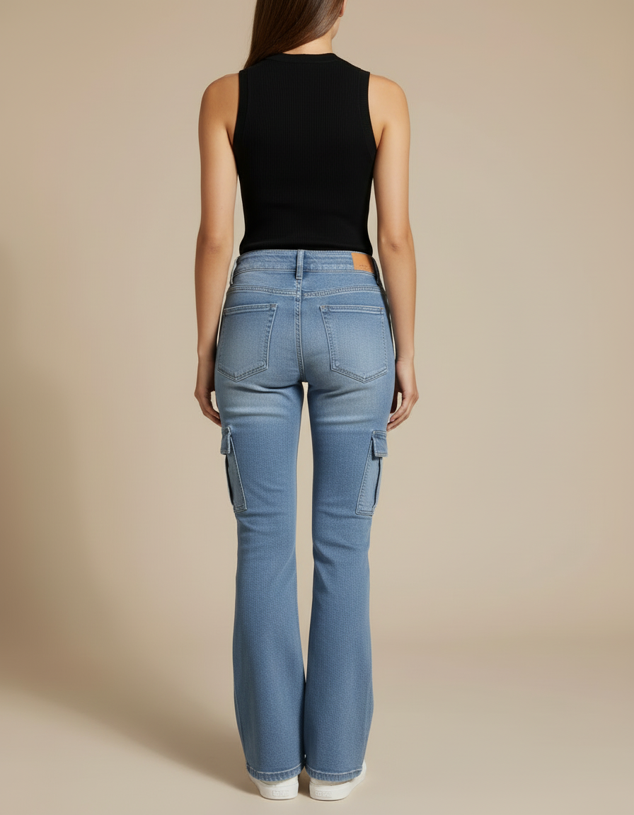 Pantalon Cargo Femme Denim Bleu Multi-Poches Évasé - Jean - vue 2