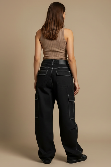 Pantalon Cargo Noir Ample Surpiqûres Blanches Femme - Toile - vue 2