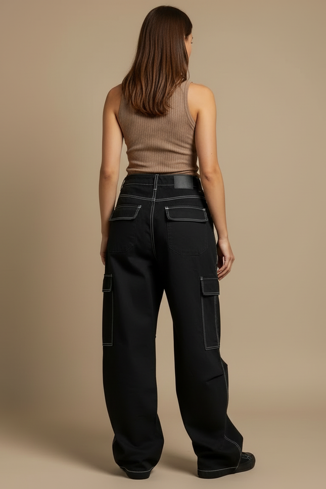 Pantalon Cargo Noir Ample Surpiqûres Blanches Femme - Toile - vue 2