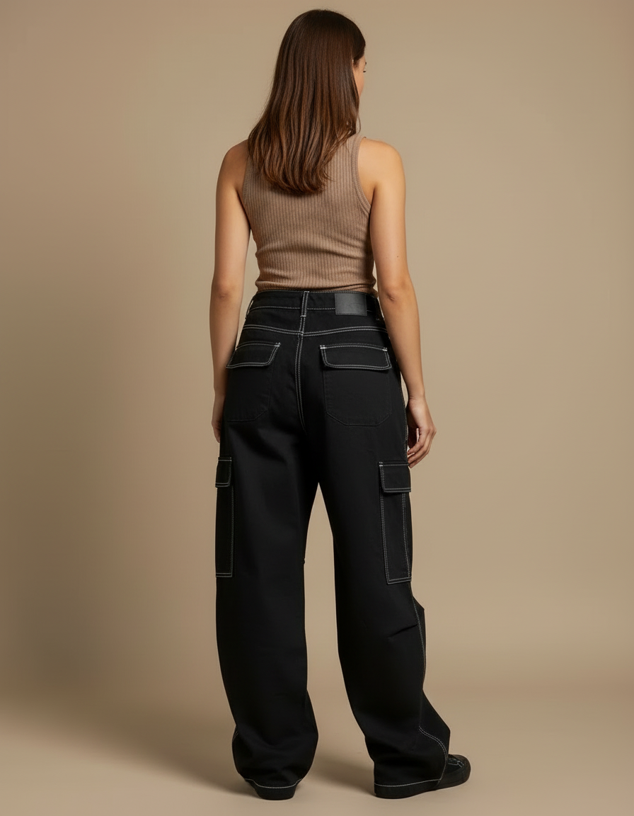 Pantalon Cargo Noir Ample Surpiqûres Blanches Femme - Toile - vue 2