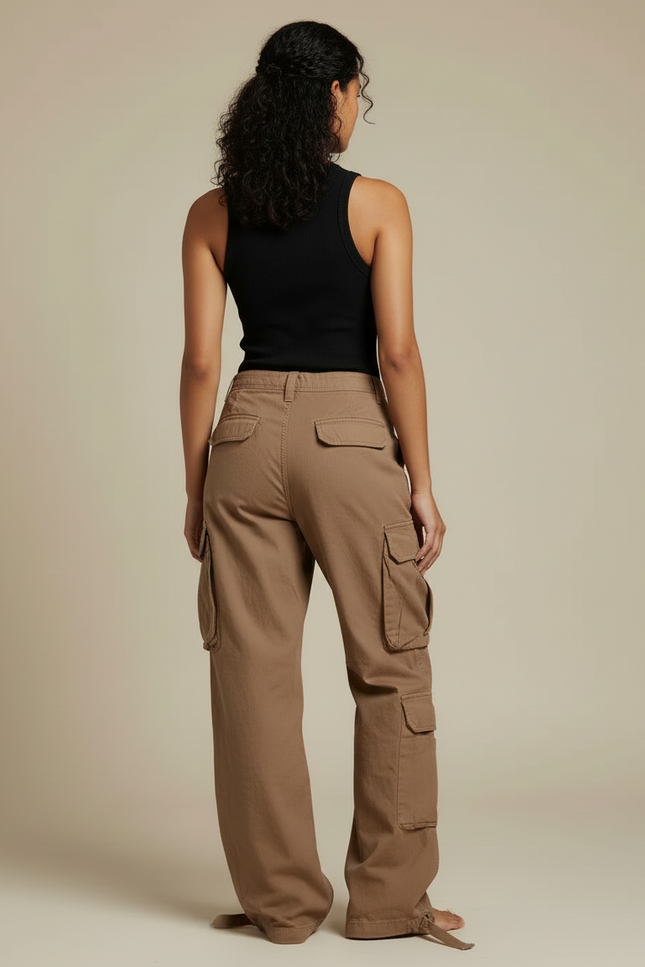 Pantalon Cargo Marron Ample Multipoches Vintage Femme - Toile - vue 2