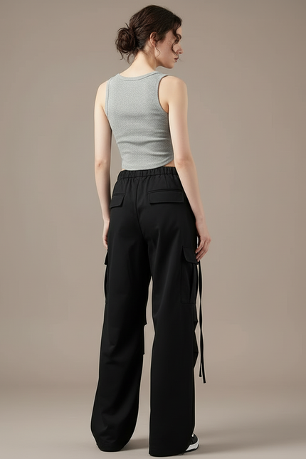 Pantalon Cargo Noir Ample Taille Haute Décontracté - Toile - vue 2
