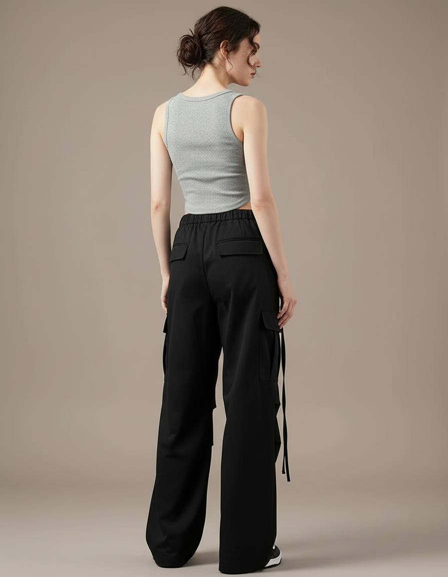 Pantalon Cargo Noir Ample Taille Haute Décontracté - Toile - vue 2