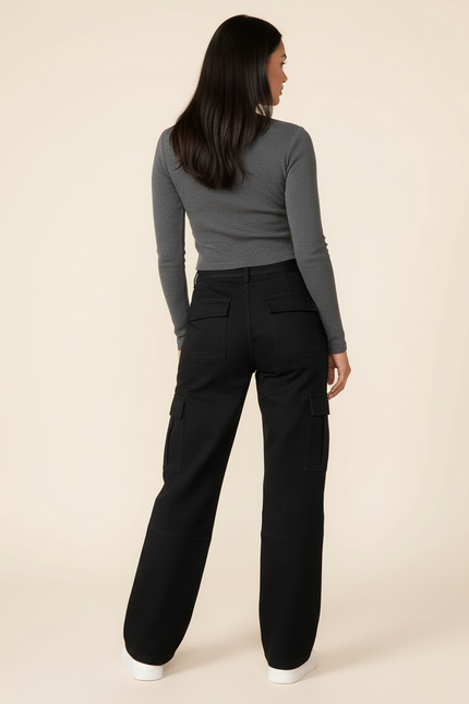 Pantalon Cargo Noir Ample Taille Haute Multipoches - Toile - vue 2