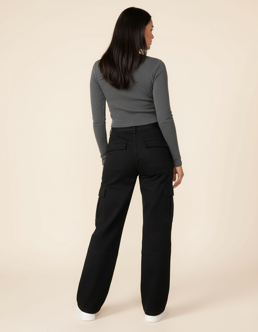 Pantalon Cargo Noir Ample Taille Haute Multipoches - Toile - vue 2