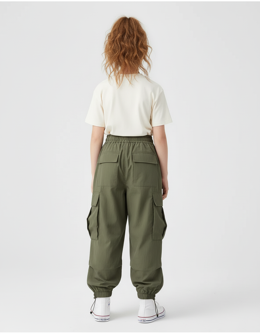 Pantalon Cargo Kaki Ample Décontracté Multipoches Enfant - Polyester - vue 2
