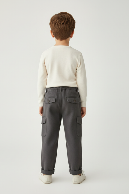 Pantalon Cargo Gris Ample Coton Multipoches Enfant - Gabardine - vue 2