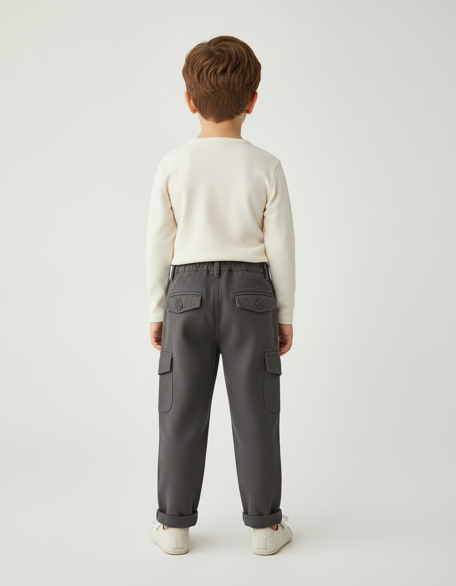 Pantalon Cargo Gris Ample Coton Multipoches Enfant - Gabardine - vue 2