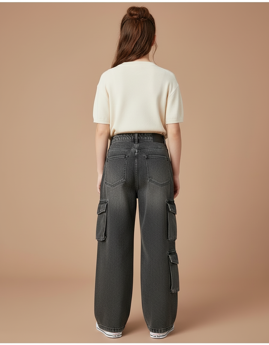 Pantalon Cargo Gris Ample Denim Fille Multipoches - Jean - vue 2
