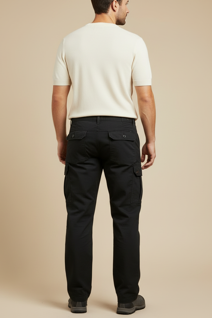 Pantalon Cargo Noir Droit Coton Multipoches Homme - vue 2
