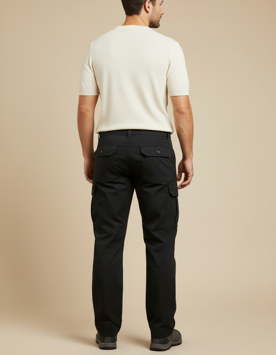 Pantalon Cargo Noir Droit Coton Multipoches Homme - vue 2