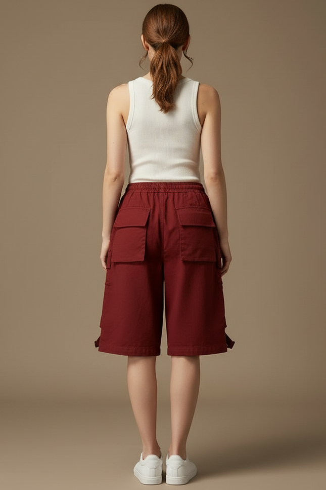 Pantalon Cargo Rouge Ample Multipoches Cordon Femme - Bordeaux Toile - vue 2