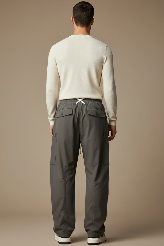 Pantalon Cargo Gris Ample Multipoches Cordon Décontracté - Polyester - vue 2