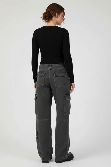 Pantalon Cargo Gris Délavé Ample Multipoches Streetwear Femme - Jean - vue 2