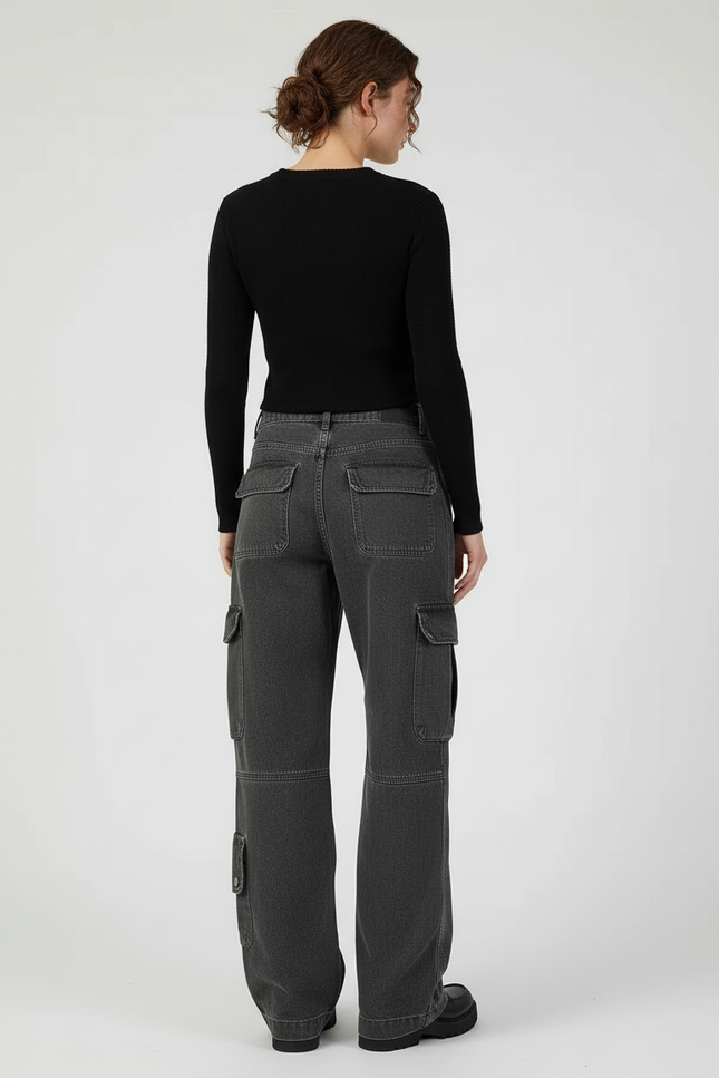 Pantalon Cargo Gris Délavé Ample Multipoches Streetwear Femme - Jean - vue 2