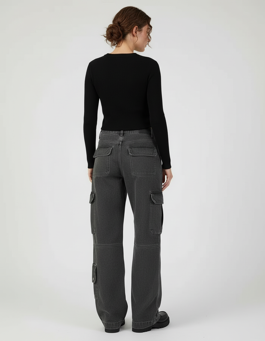 Pantalon Cargo Gris Délavé Ample Multipoches Streetwear Femme - Jean - vue 2