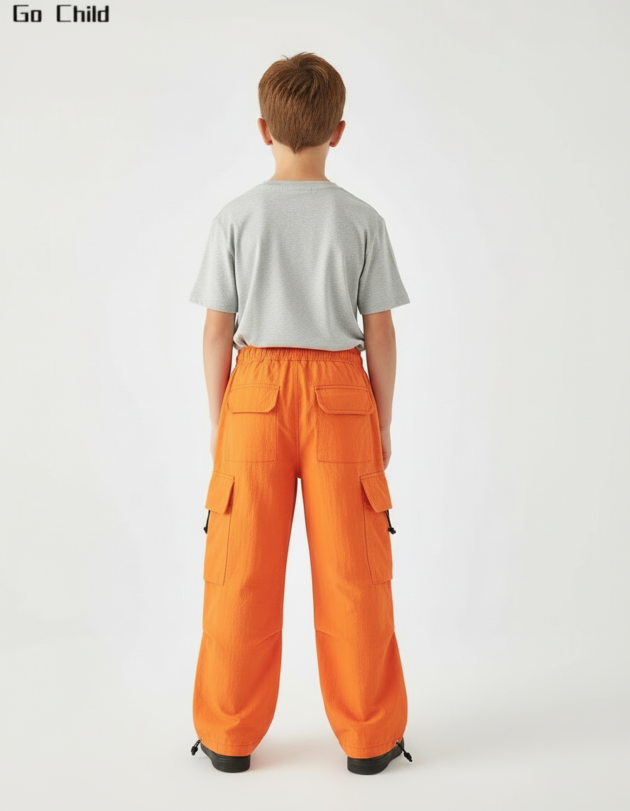 Pantalon Cargo Orange Ample Enfant Multipoches Streetwear - Polyester - vue 2