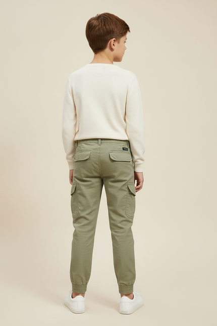 Pantalon Cargo Vert Kaki Coton Décontracté Multipoches Enfant - vue 2