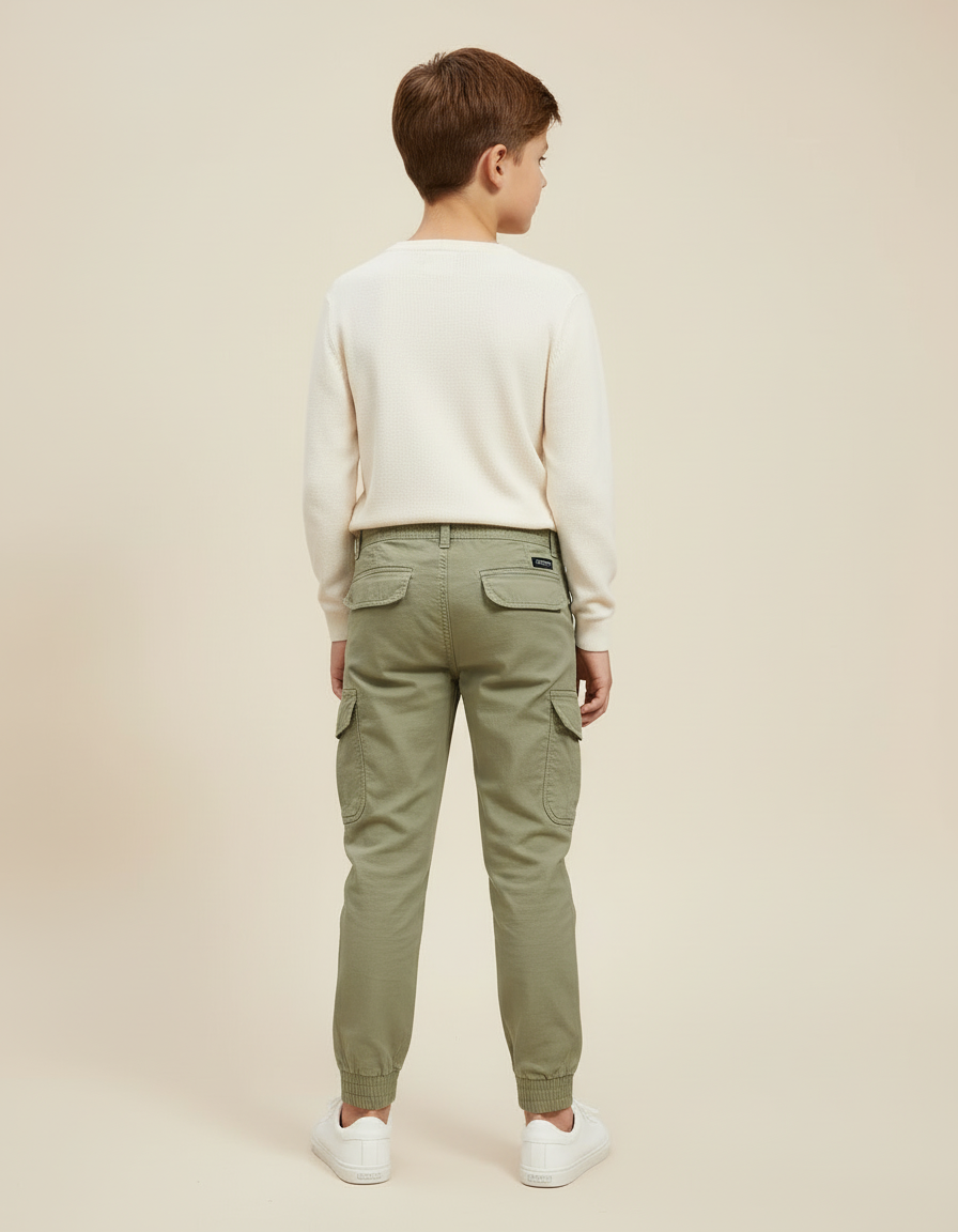 Pantalon Cargo Vert Kaki Coton Décontracté Multipoches Enfant - vue 2