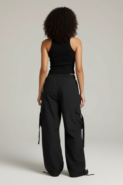 Pantalon Cargo Noir Ample Streetwear Fluide - Polyester - vue 2