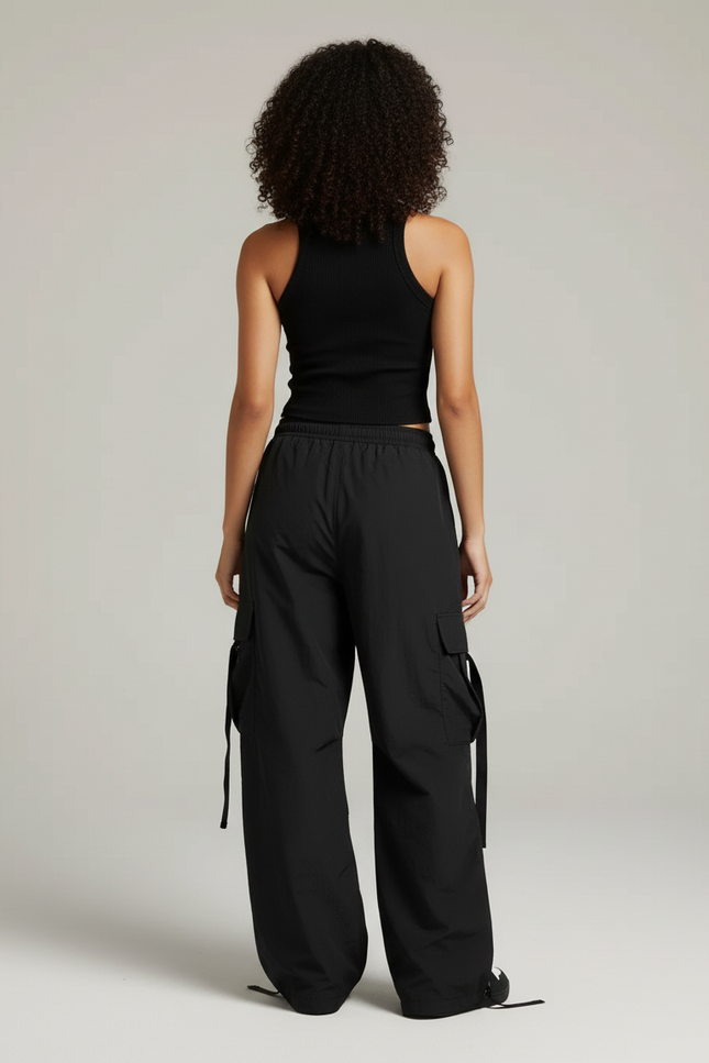 Pantalon Cargo Noir Ample Streetwear Fluide - Polyester - vue 2