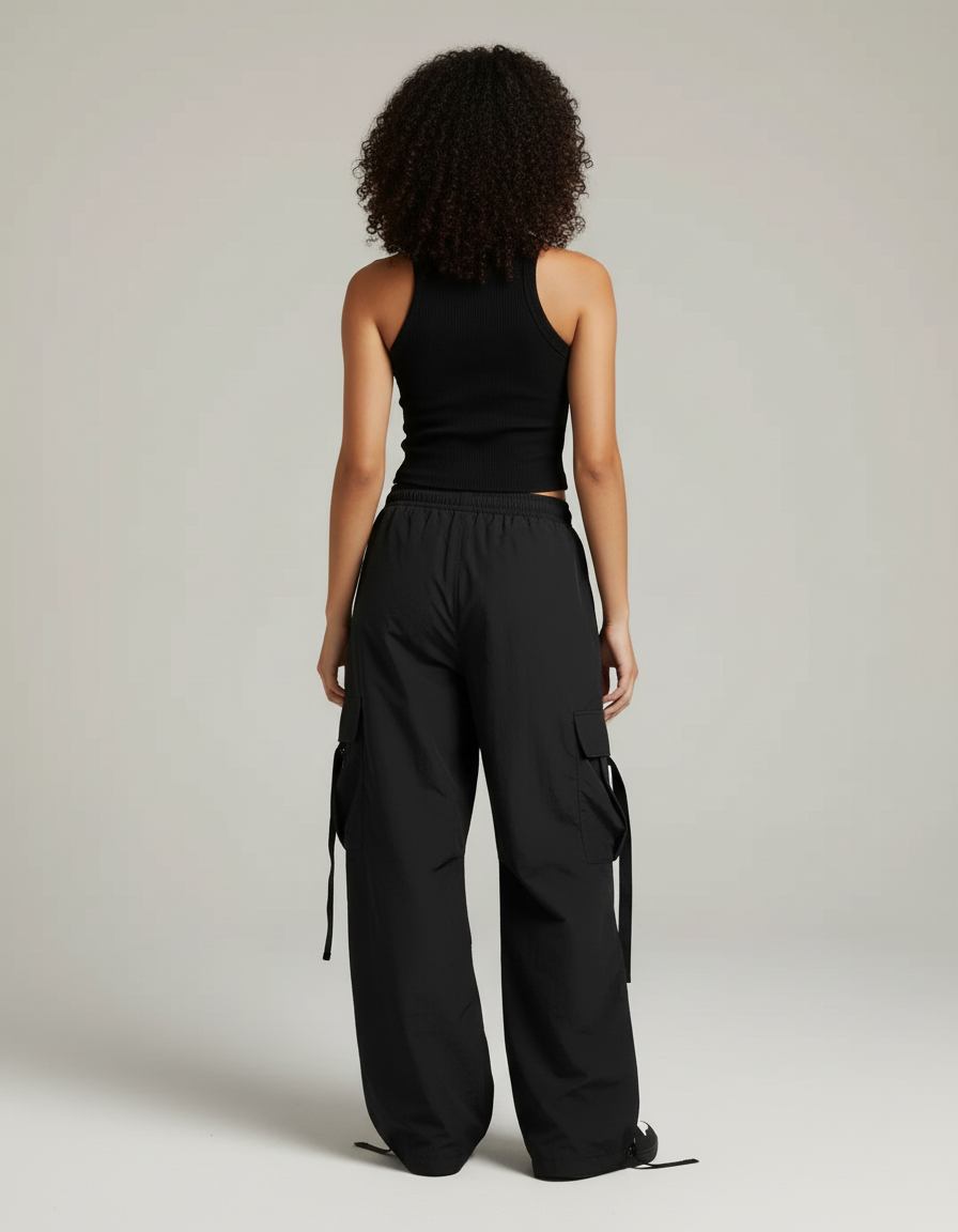 Pantalon Cargo Noir Ample Streetwear Fluide - Polyester - vue 2
