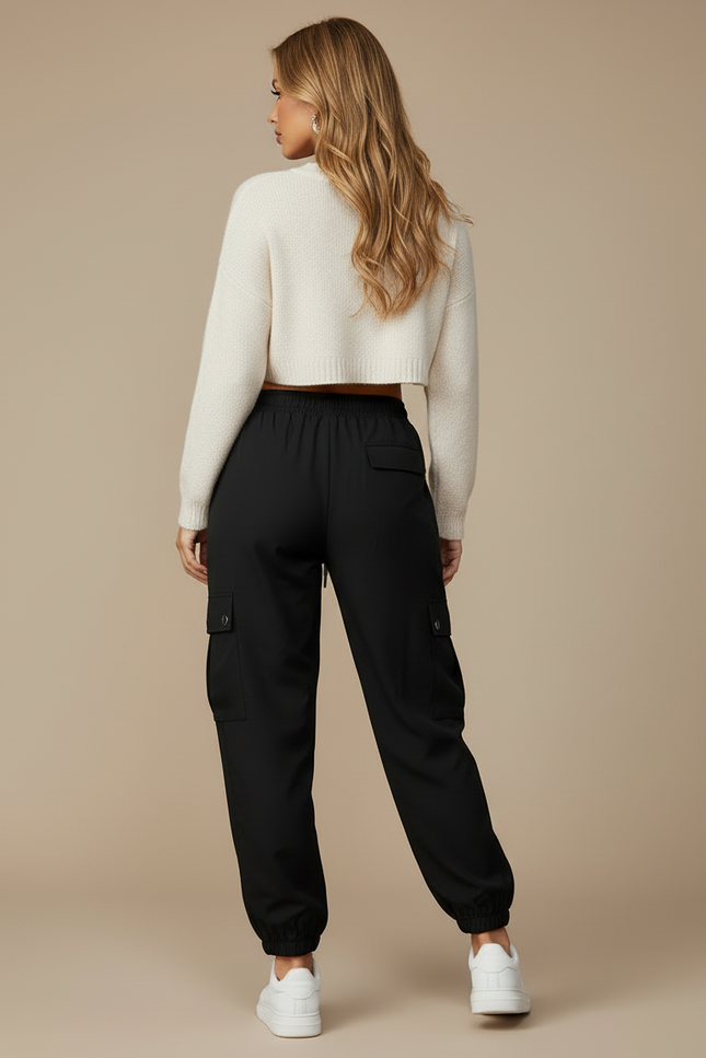 Pantalon Cargo Noir Décontracté Cordon Taille Haute Femme - Polyester - vue 2