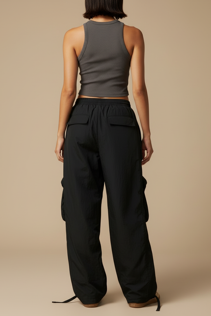 Pantalon Cargo Noir Ample Multipoches Décontracté Nylon - Polyester - vue 2