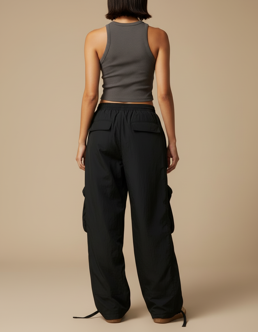 Pantalon Cargo Noir Ample Multipoches Décontracté Nylon - Polyester - vue 2
