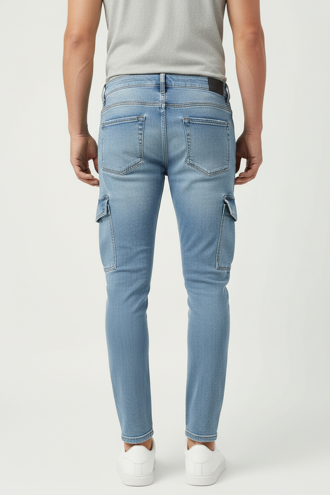 Pantalon Cargo Jean Slim Bleu Clair Multipoches Zippées - vue 2