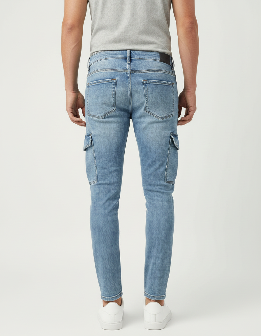 Pantalon Cargo Jean Slim Bleu Clair Multipoches Zippées - vue 2