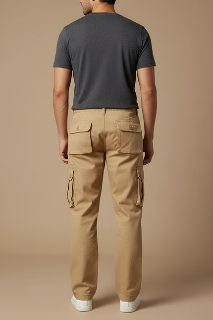 Pantalon Cargo Homme Beige Ample Coton Multipoches - Toile - vue 2