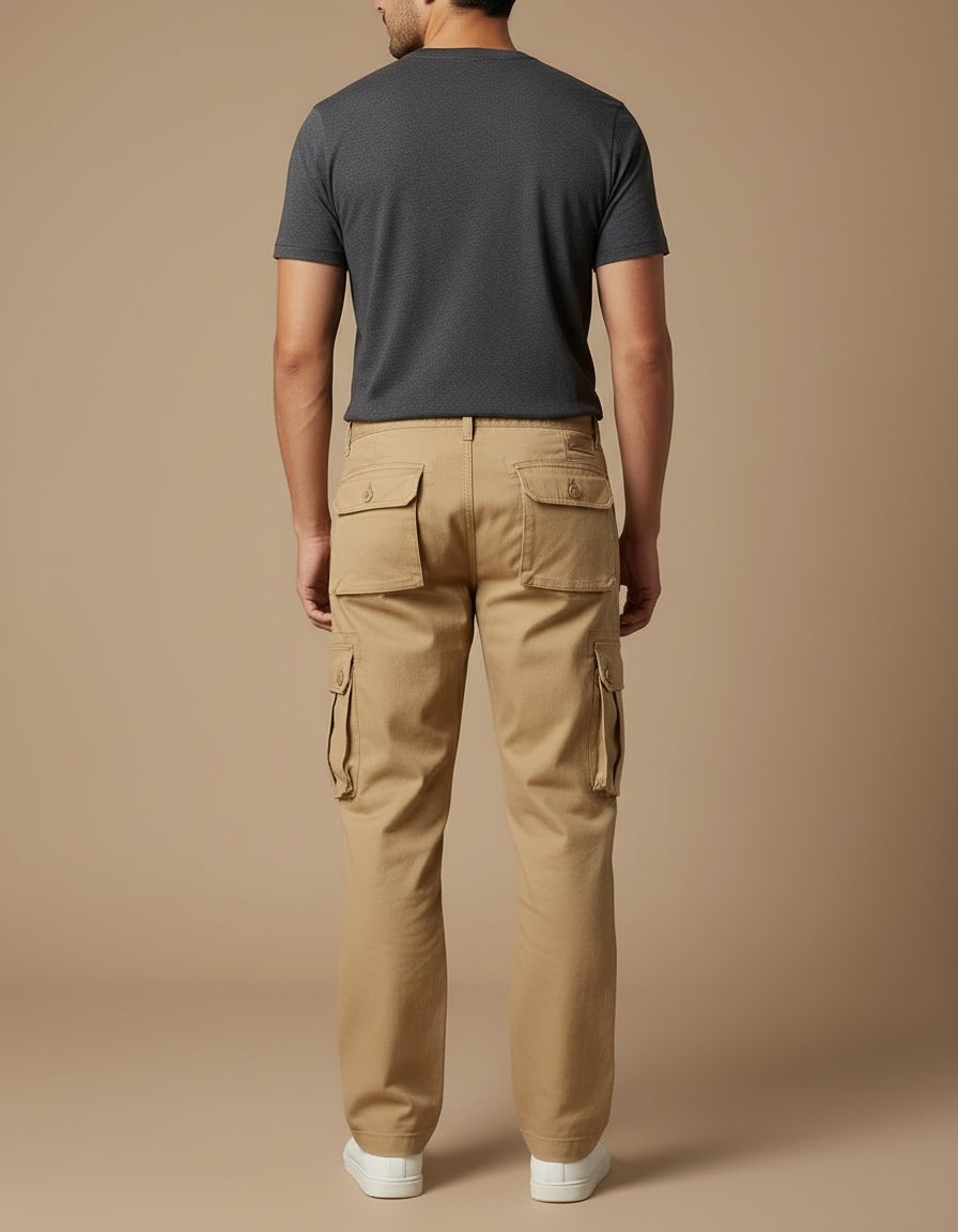 Pantalon Cargo Homme Beige Ample Coton Multipoches - Toile - vue 2